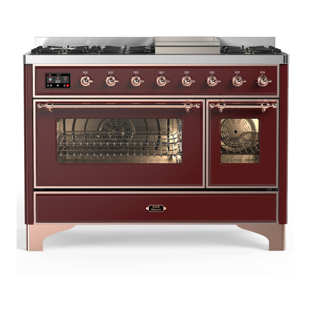 ILVE Majestic III 48" Burgundy Dual Fuel Range with 8 Burners and Griddle Triple Glass Door Liquid Propane