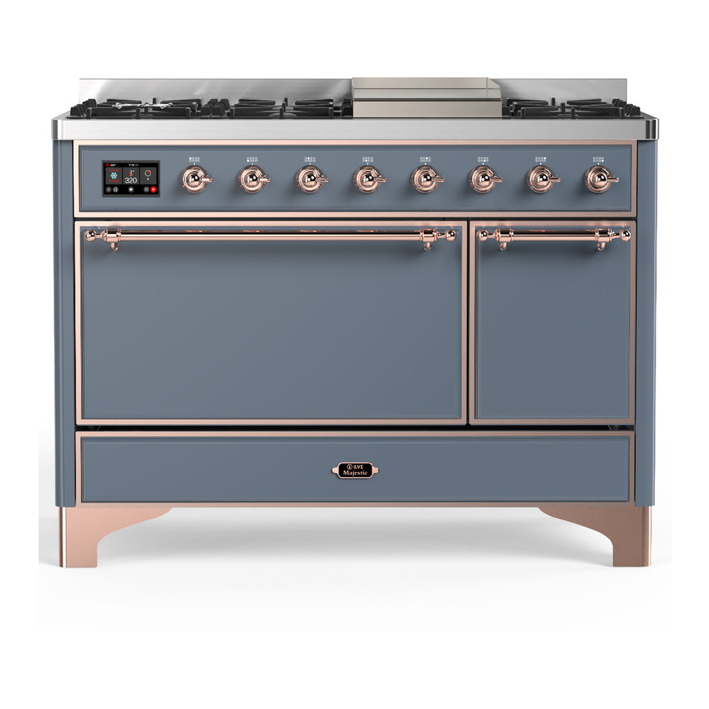 ILVE Majestic III 48" Blue Grey Dual Fuel Range with 8 Burners and Griddle Solid Door Natural Gas