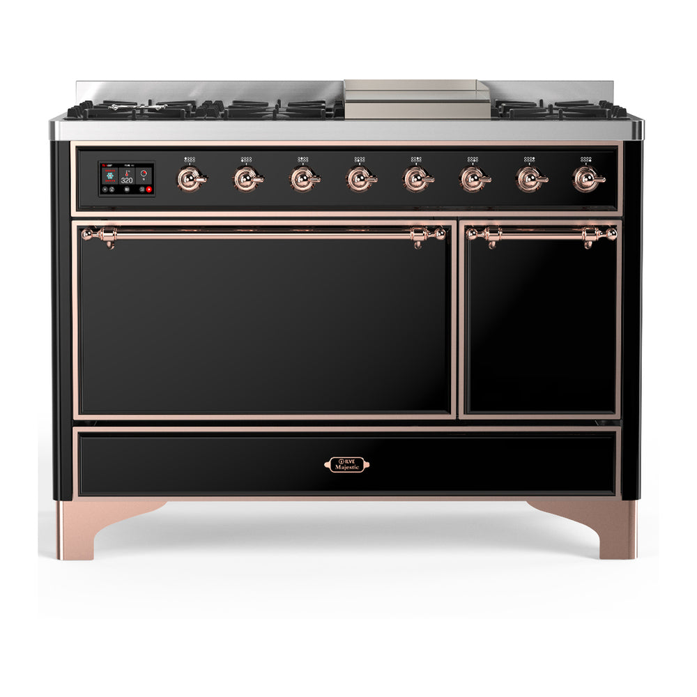 ILVE Majestic III 48" Glossy Black Dual Fuel Range with 8 Burners and Griddle Solid Door Natural Gas