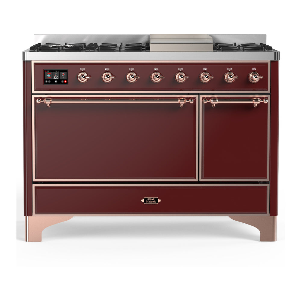 ILVE Majestic III 48" Burgundy Dual Fuel Range with 8 Burners and Griddle Solid Door Natural Gas