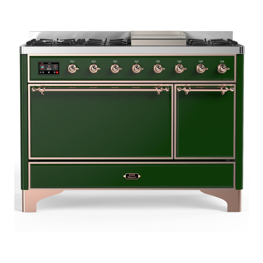 ILVE Majestic III 48" Emerald Green Dual Fuel Range with 8 Burners and Griddle Solid Door Natural Gas