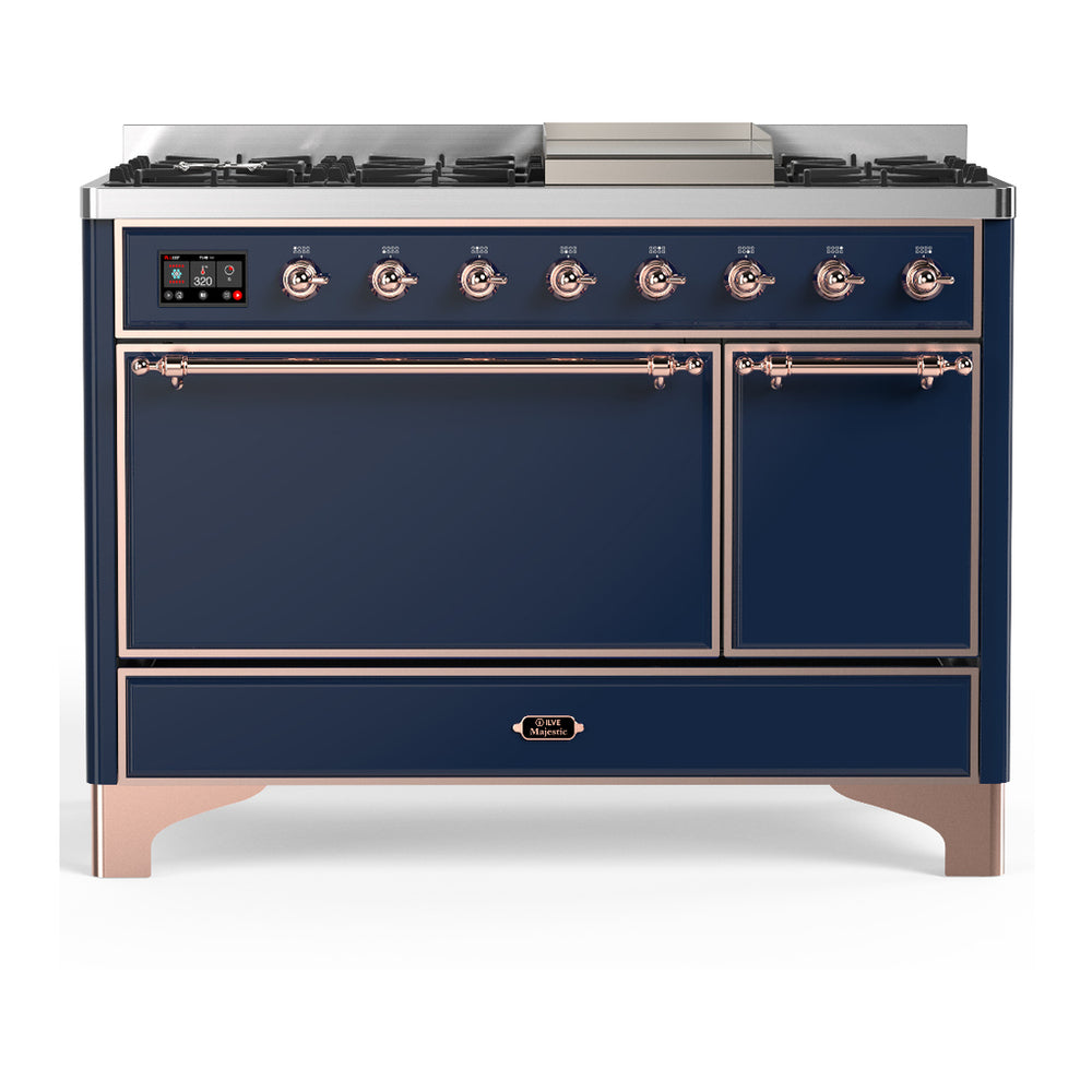 ILVE Majestic III 48" Midnight Blue Dual Fuel Range with 8 Burners and Griddle Solid Door Natural Gas