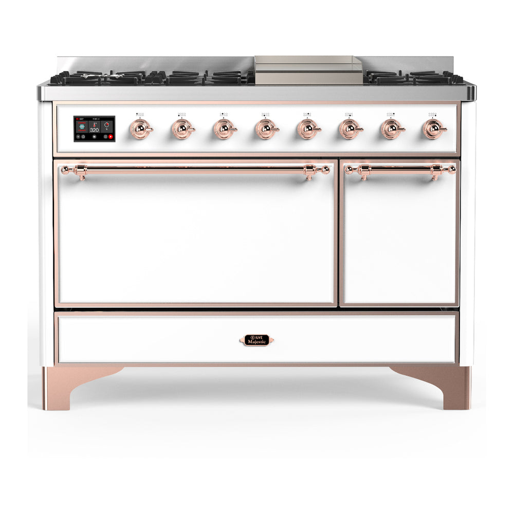 ILVE Majestic III 48" White Dual Fuel Range with 8 Burners and Griddle Solid Door Liquid Propane