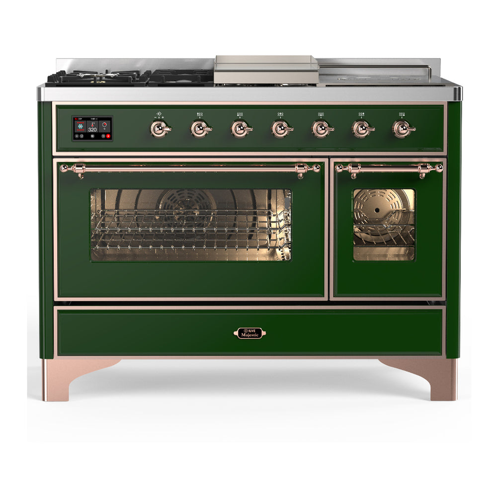 ILVE Majestic III 48" Emerald Green Dual Fuel Range with 5 Burners, Griddle and French Top Triple Glass Door Liquid Propane