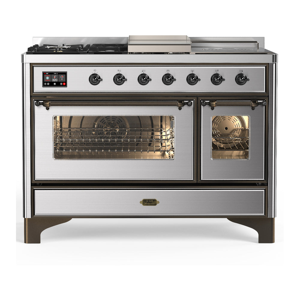 ILVE Majestic III 48" Stainless Steel Dual Fuel Range with 5 Burners, Griddle and French Top Triple Glass Door Natural Gas