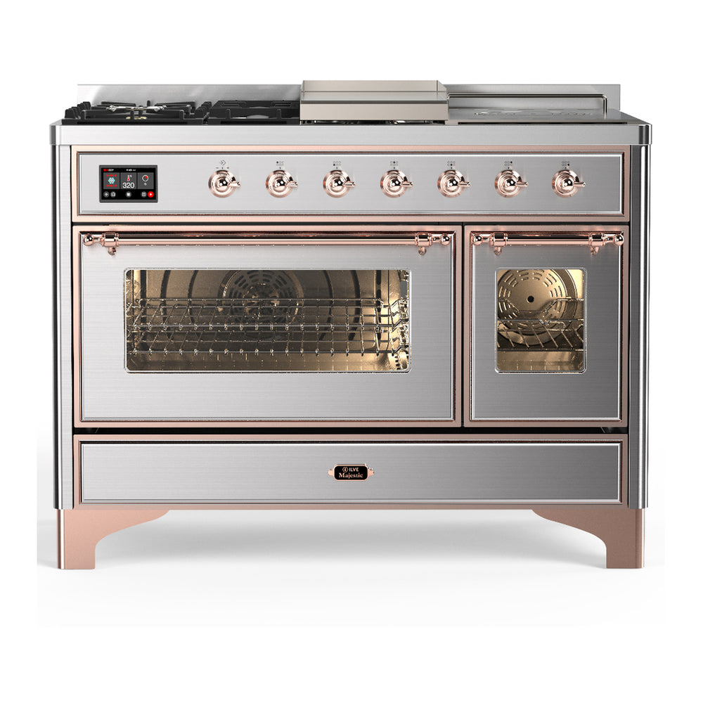 ILVE Majestic III 48" Stainless Steel Dual Fuel Range with 5 Burners, Griddle and French Top Triple Glass Door Natural Gas