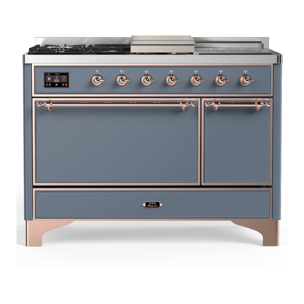 ILVE Majestic III 48" Blue Grey Dual Fuel Range with 5 Burners, Griddle and French Top Solid Door Natural Gas