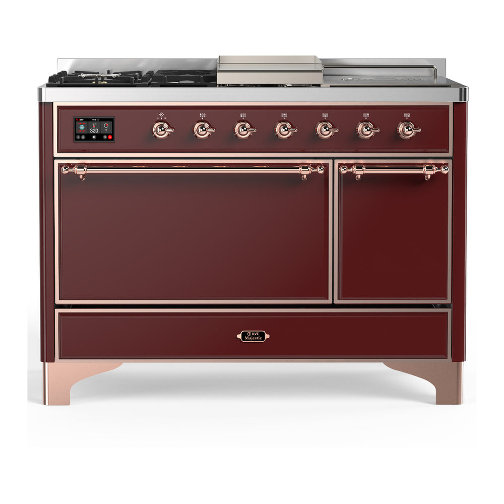 ILVE Majestic III 48" Burgundy Dual Fuel Range with 5 Burners, Griddle and French Top Solid Door Liquid Propane