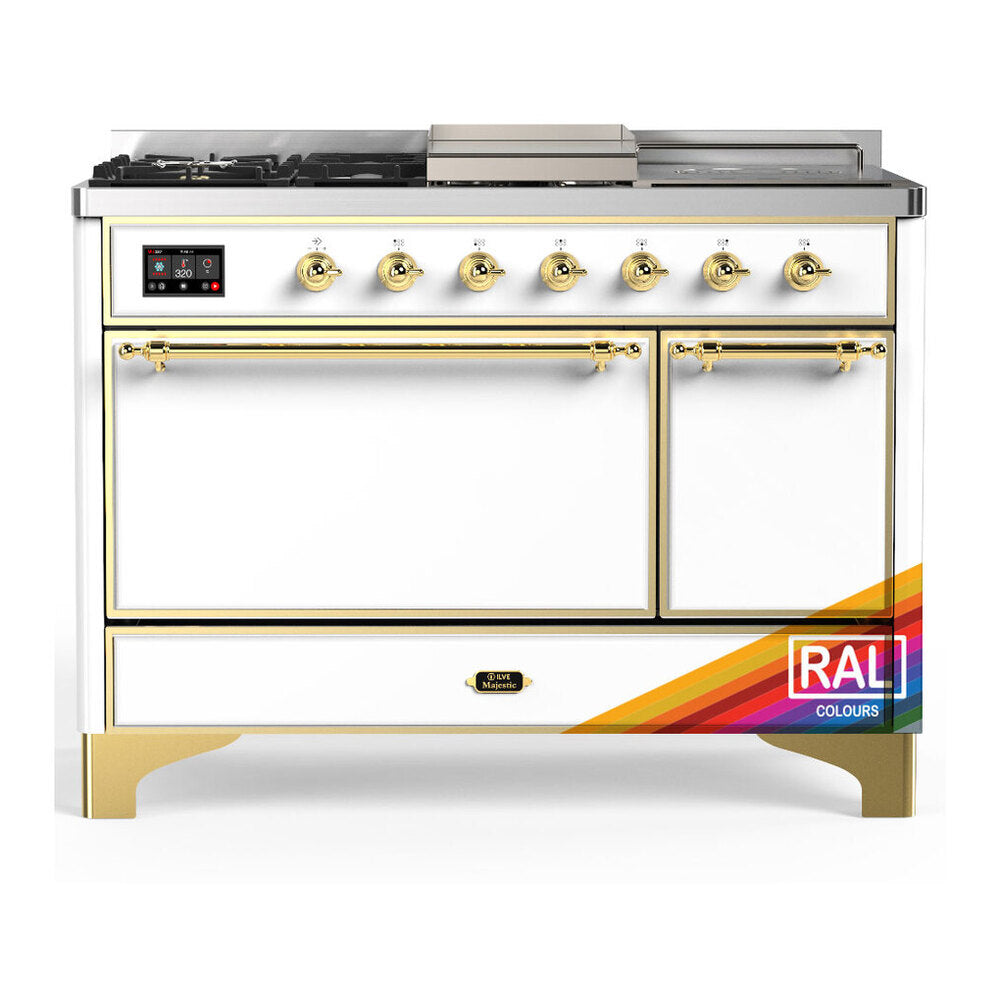 ILVE Majestic III 48" RAL Dual Fuel Range with 5 Burners, Griddle and French Top Solid Door Liquid Propane