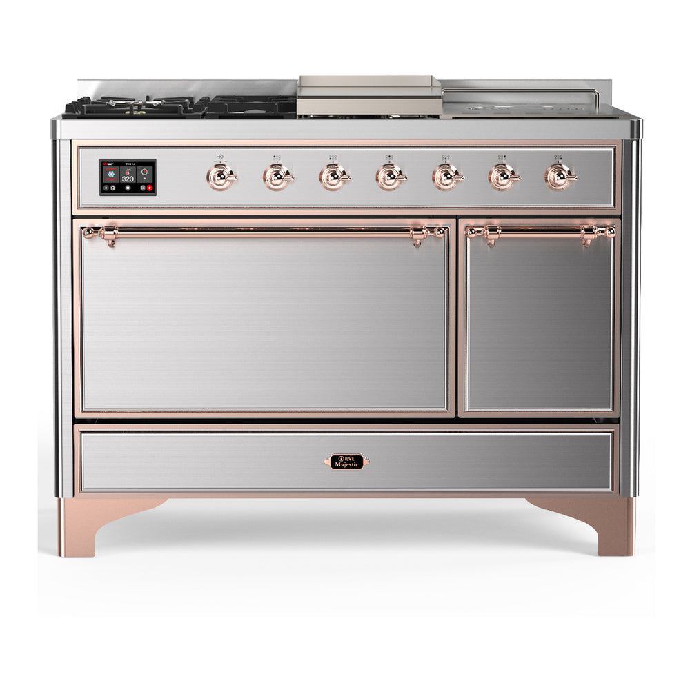 ILVE Majestic III 48" Stainless Steel Dual Fuel Range with 5 Burners, Griddle and French Top Solid Door Liquid Propane