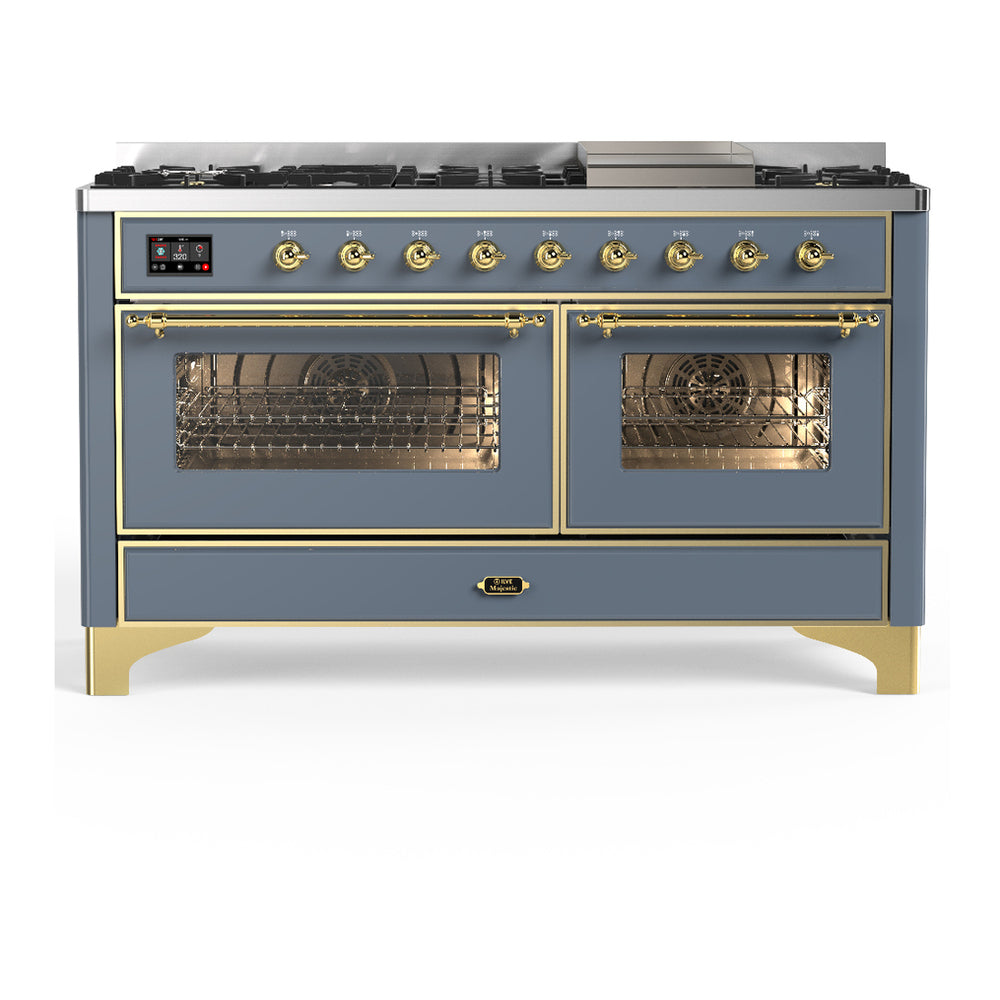 ILVE Majestic III 60" Blue Grey Dual Fuel Range with 9 Burners and Griddle Triple Glass Door Natural Gas