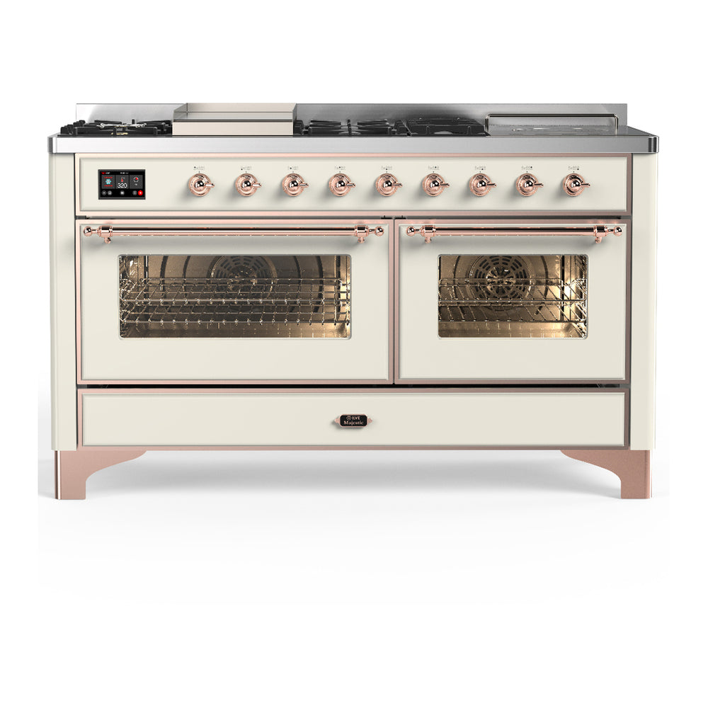 ILVE Majestic III 60" Antique White Dual Fuel Range with 7 Burners, Griddle and French Top Triple Glass Door Natural Gas
