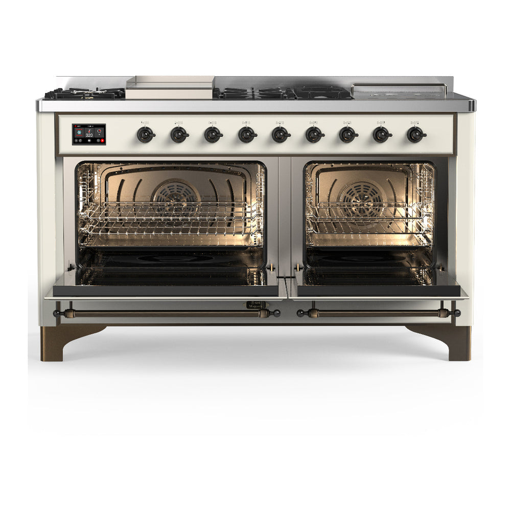 ILVE Majestic III 60" Antique White Dual Fuel Range with 7 Burners, Griddle and French Top Solid Door Liquid Propane