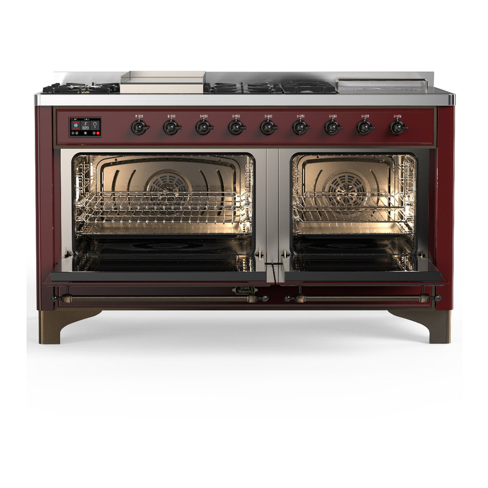 ILVE Majestic III 60" Burgundy Dual Fuel Range with 7 Burners, Griddle and French Top Solid Door Liquid Propane