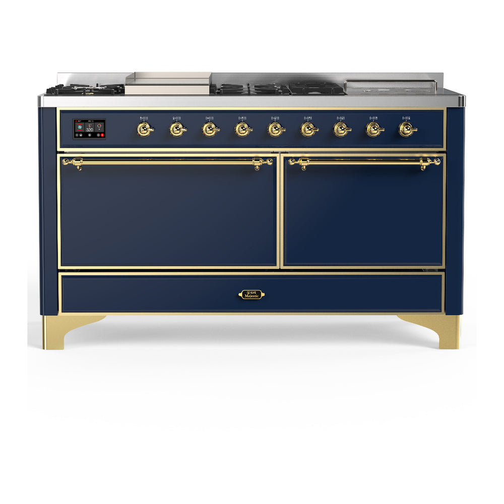 ILVE Majestic III 60" Midnight Blue Dual Fuel Range with 7 Burners, Griddle and French Top Solid Door Liquid Propane