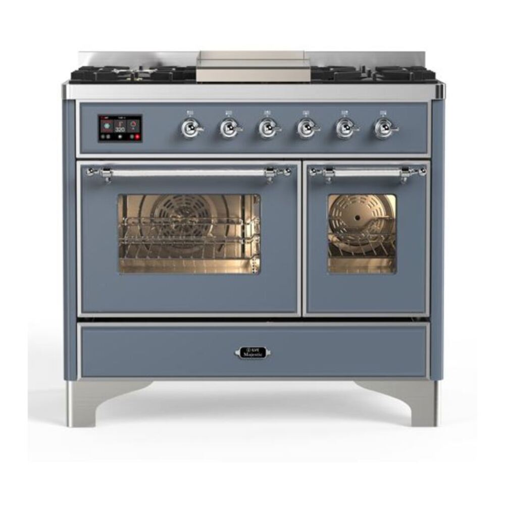 ILVE Majestic II 40" Blue Grey Dual Fuel Range with 6 Burners and Griddle Triple Glass Door Natural Gas