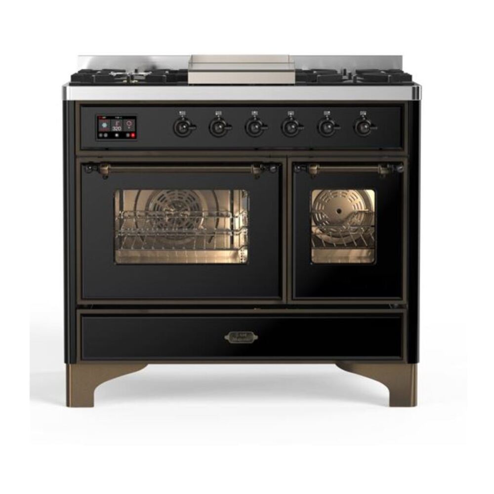 ILVE Majestic II 40" Glossy Black Dual Fuel Range with 6 Burners and Griddle Triple Glass Door Natural Gas