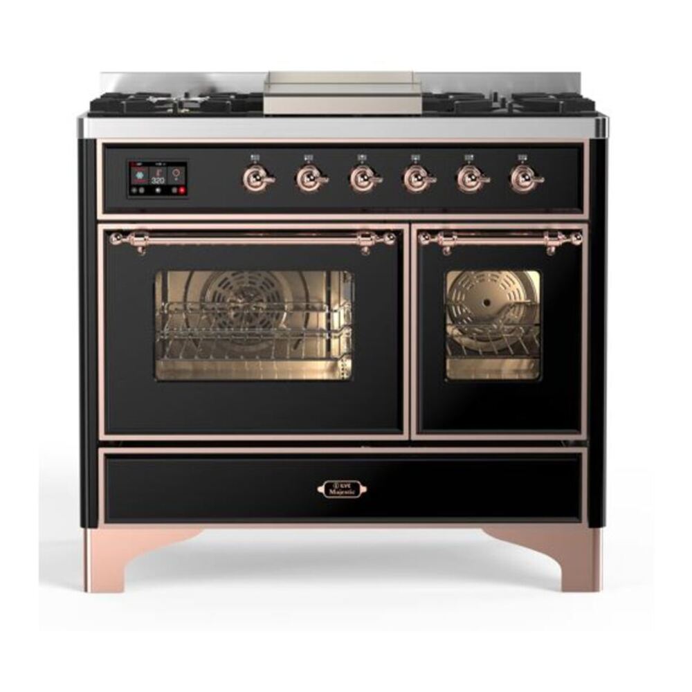 ILVE Majestic II 40" Glossy Black Dual Fuel Range with 6 Burners and Griddle Triple Glass Door Natural Gas