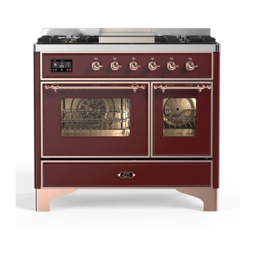 ILVE Majestic II 40" Burgundy Dual Fuel Range with 6 Burners and Griddle Triple Glass Door Natural Gas