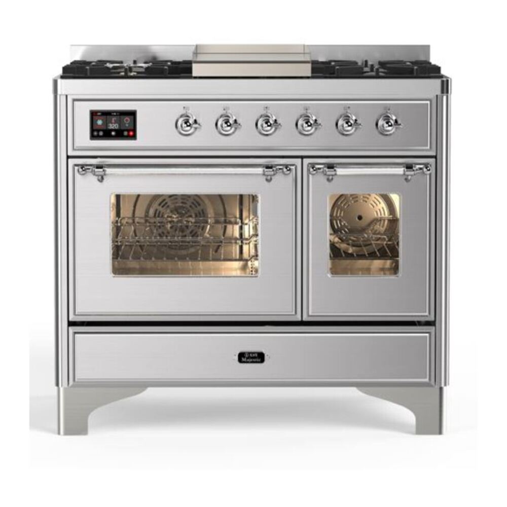 ILVE Majestic II 40" Stainless Steel Dual Fuel Range with 6 Burners and Griddle Triple Glass Door Natural Gas