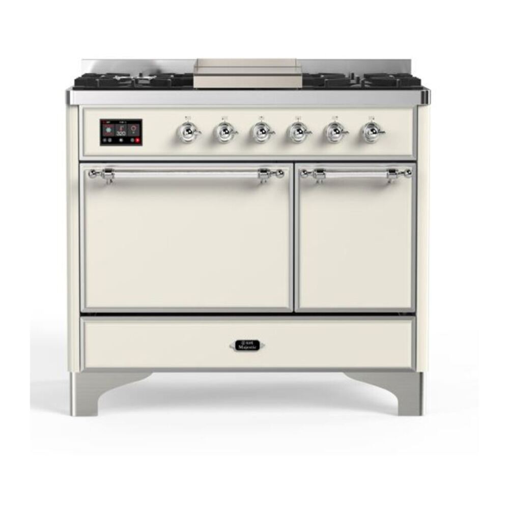 ILVE Majestic II 40" Antique White Dual Fuel Range with 6 Burners and Griddle Solid Door Natural Gas