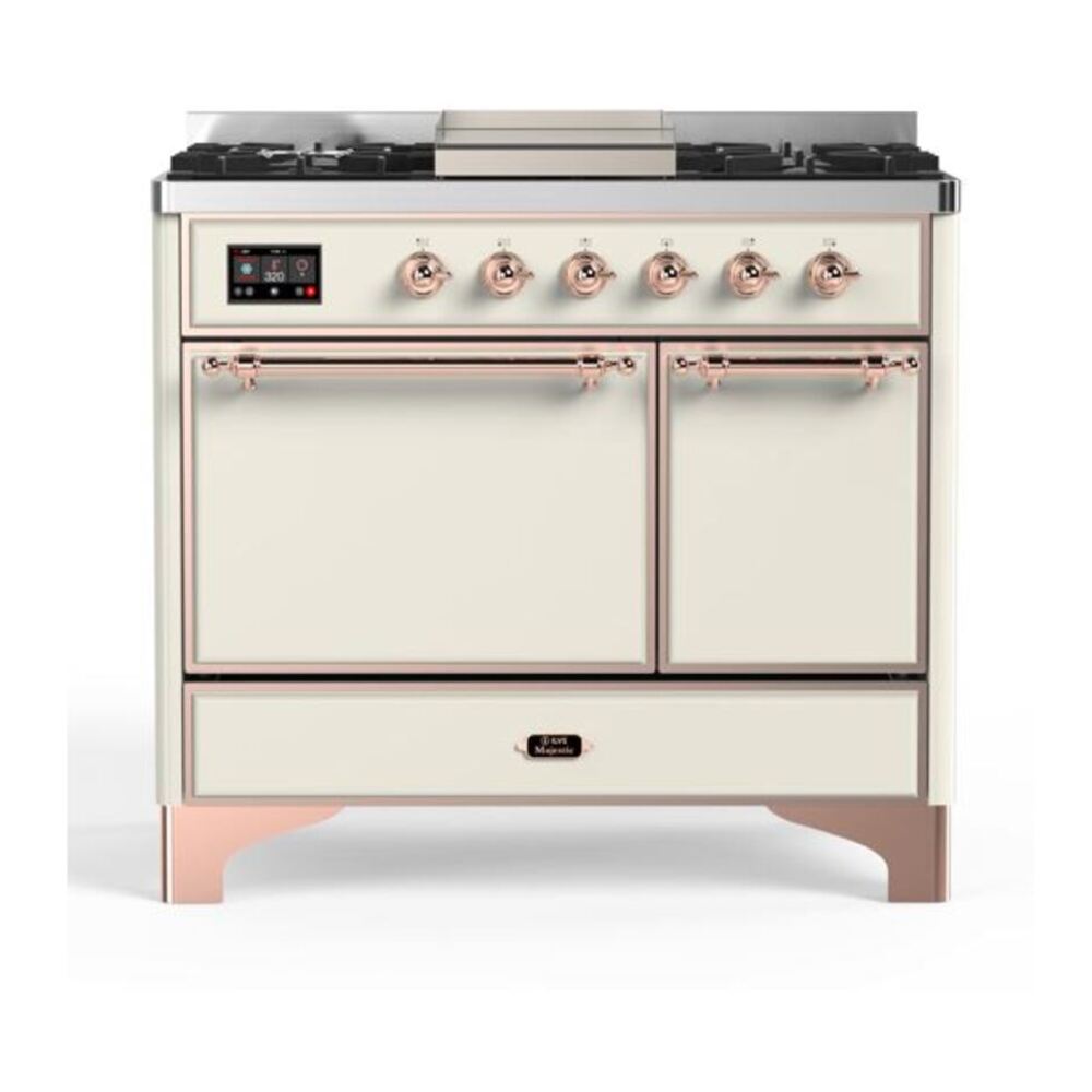 ILVE Majestic II 40" Antique White Dual Fuel Range with 6 Burners and Griddle Solid Door Natural Gas