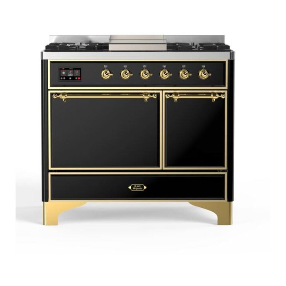 ILVE Majestic II 40" Glossy Black Dual Fuel Range with 6 Burners and Griddle Solid Door Natural Gas