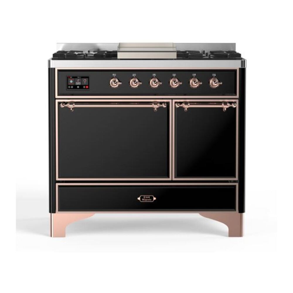 ILVE Majestic II 40" Glossy Black Dual Fuel Range with 6 Burners and Griddle Solid Door Natural Gas