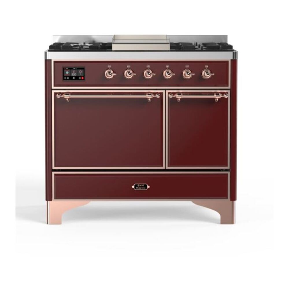 ILVE Majestic II 40" Burgundy Dual Fuel Range with 6 Burners and Griddle Solid Door Natural Gas
