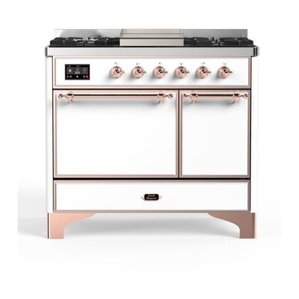 ILVE Majestic II 40" White Dual Fuel Range with 6 Burners and Griddle Solid Door Natural Gas