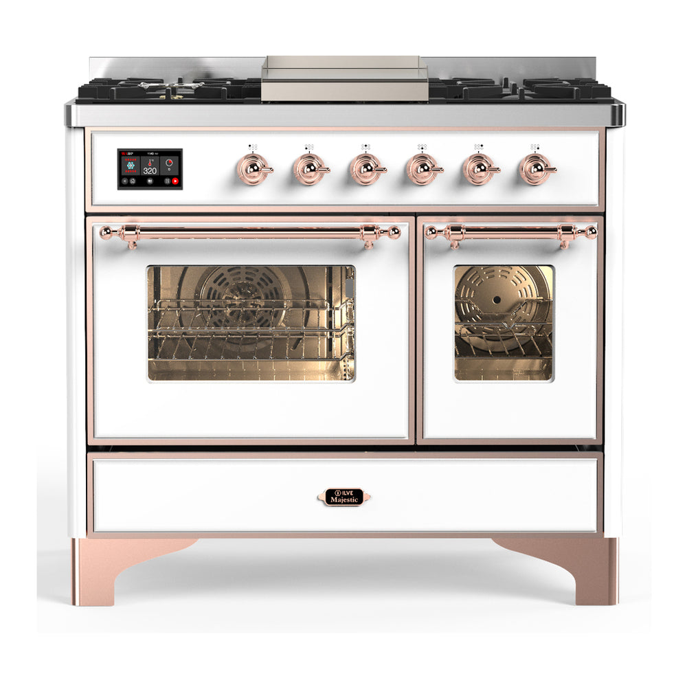 ILVE Majestic III 40" White Dual Fuel Range with 6 Burners and Griddle Triple Glass Door Natural Gas