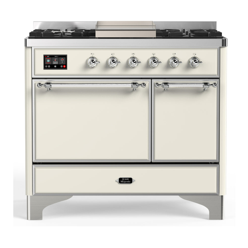 ILVE Majestic III 40" Antique White Dual Fuel Range with 6 Burners and Griddle Solid Door Liquid Propane