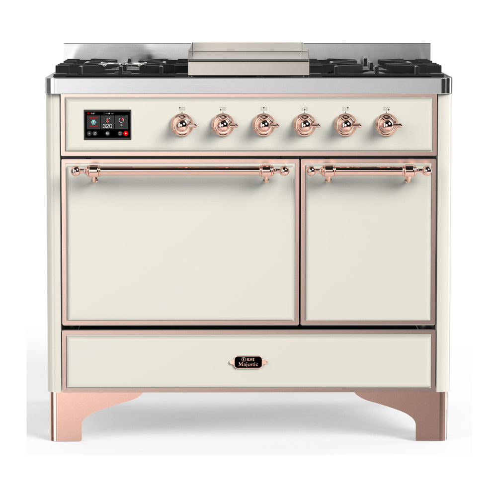 ILVE Majestic III 40" Antique White Dual Fuel Range with 6 Burners and Griddle Solid Door Natural Gas
