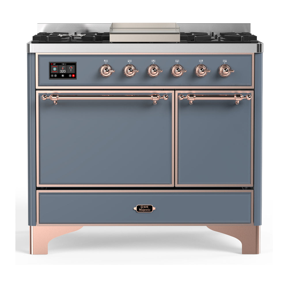 ILVE Majestic III 40" Blue Grey Dual Fuel Range with 6 Burners and Griddle Solid Door Natural Gas