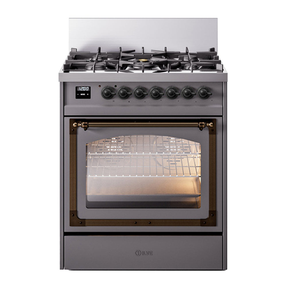 ILVE Nostalgie II Noblesse 30" Graphite Matte Dual Fuel Range with 5 Burners Triple Glass Door Natural Gas