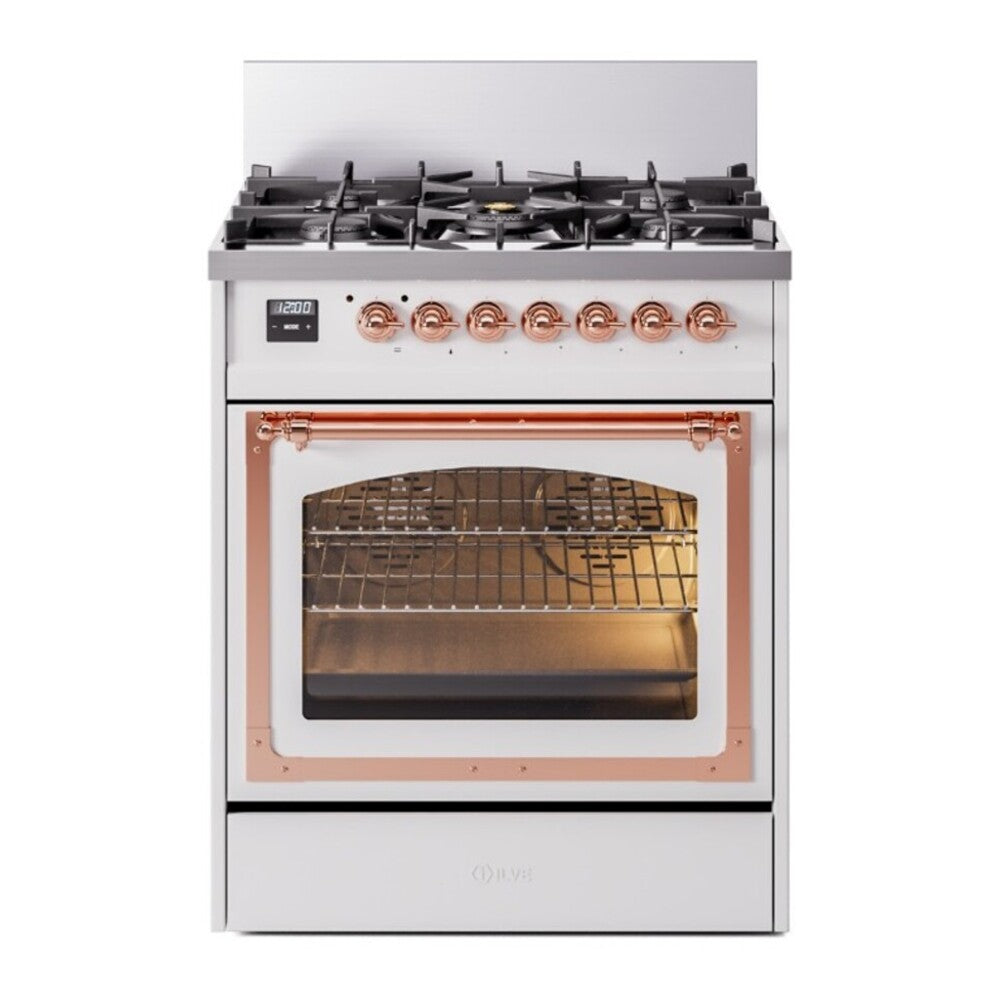 ILVE Nostalgie II Noblesse 30" White Dual Fuel Range with 5 Burners Triple Glass Door Natural Gas