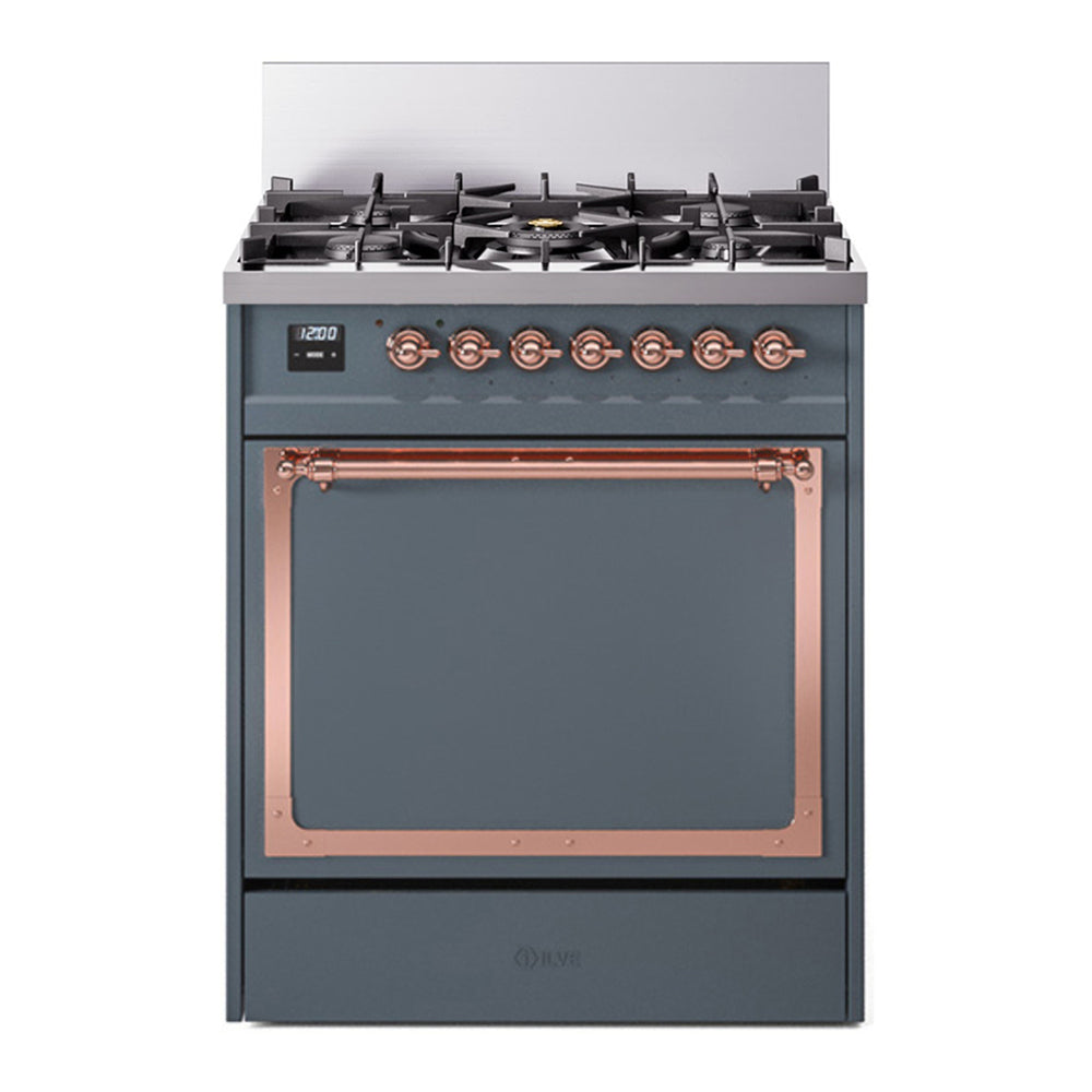 ILVE Nostalgie II Noblesse 30" Blue Grey Dual Fuel Range with 5 Burners Solid Door Natural Gas