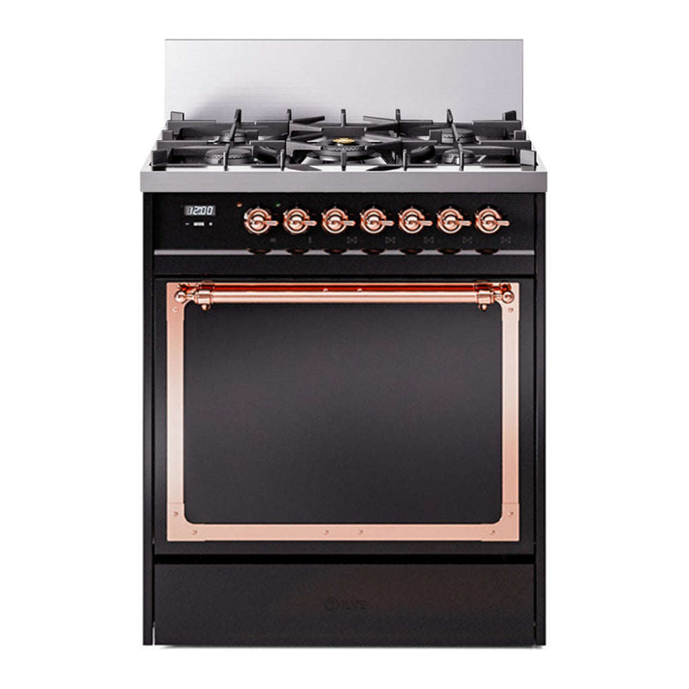 ILVE Nostalgie II Noblesse 30" Glossy Black Dual Fuel Range with 5 Burners Solid Door Natural Gas
