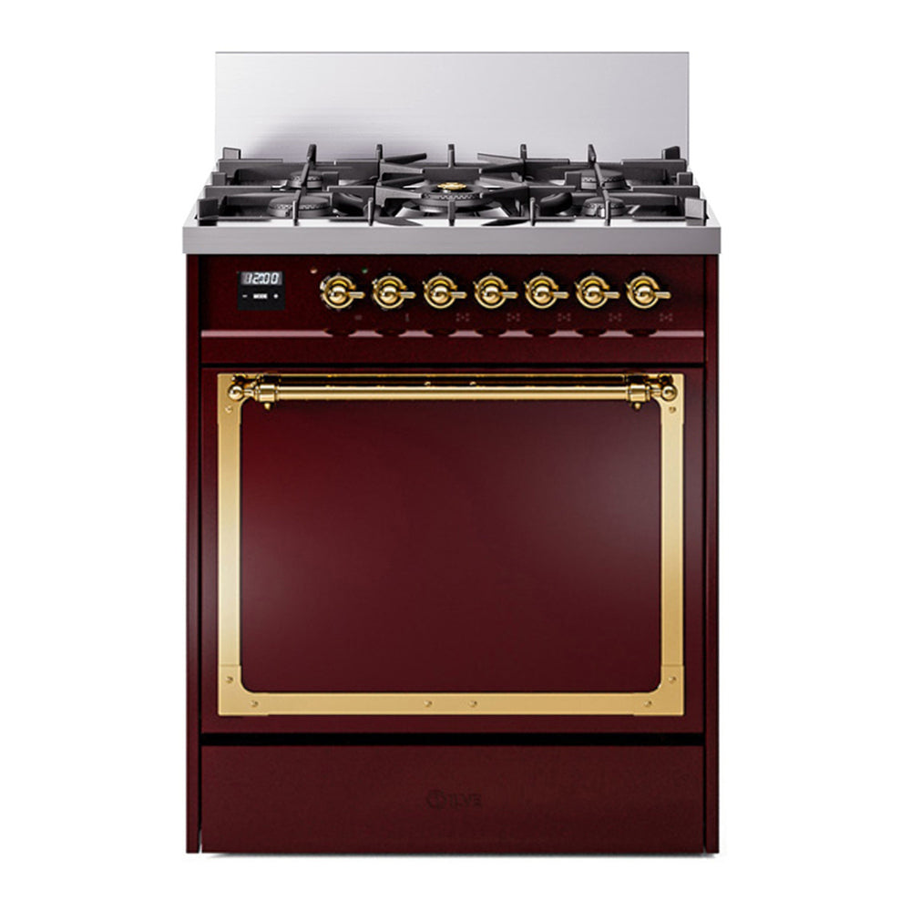 ILVE Nostalgie II Noblesse 30" Burgundy Dual Fuel Range with 5 Burners Solid Door Natural Gas