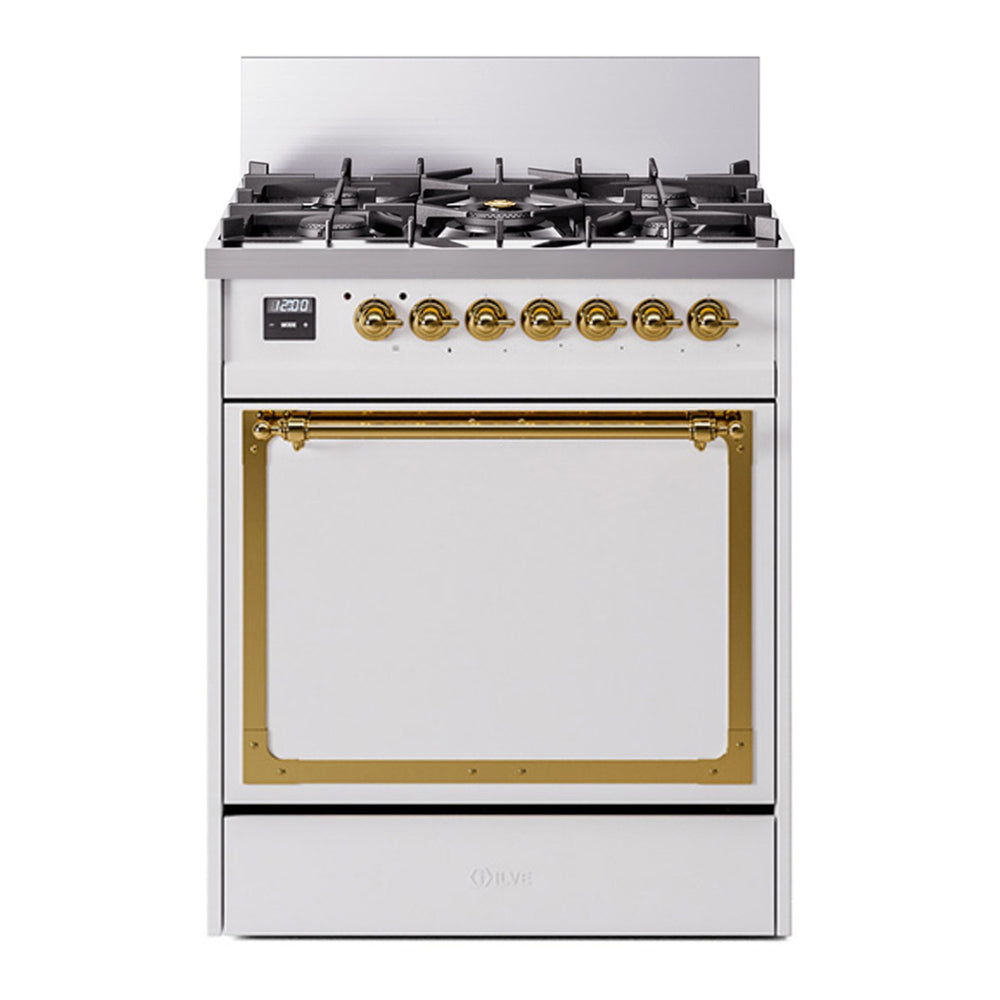 ILVE Nostalgie II Noblesse 30" White Dual Fuel Range with 5 Burners Solid Door Natural Gas