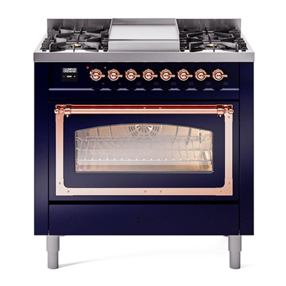 ILVE Nostalgie II Noblesse 36" Midnight Blue Dual Fuel Range with 6 Burners and Griddle Triple Glass Door Natural Gas
