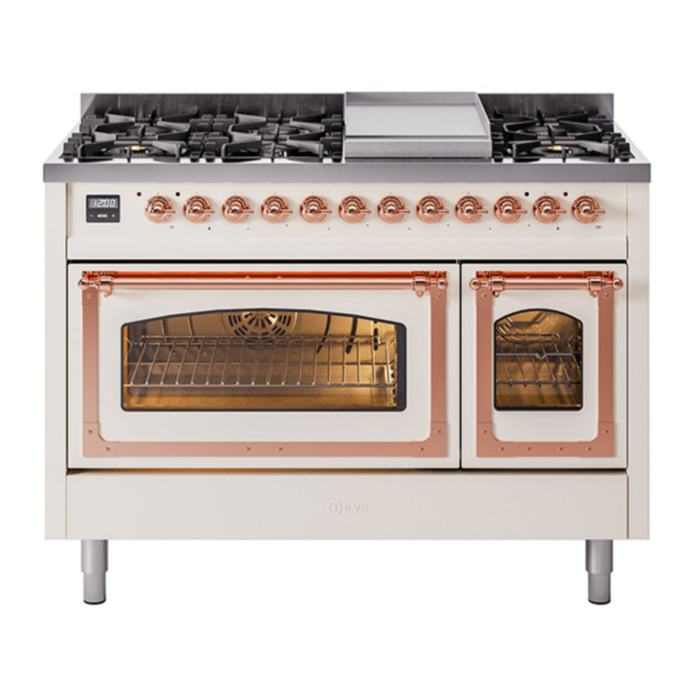 ILVE Nostalgie II Noblesse 48" Antique White Dual Fuel Range with 8 Burners and Griddle Triple Glass Door Natural Gas