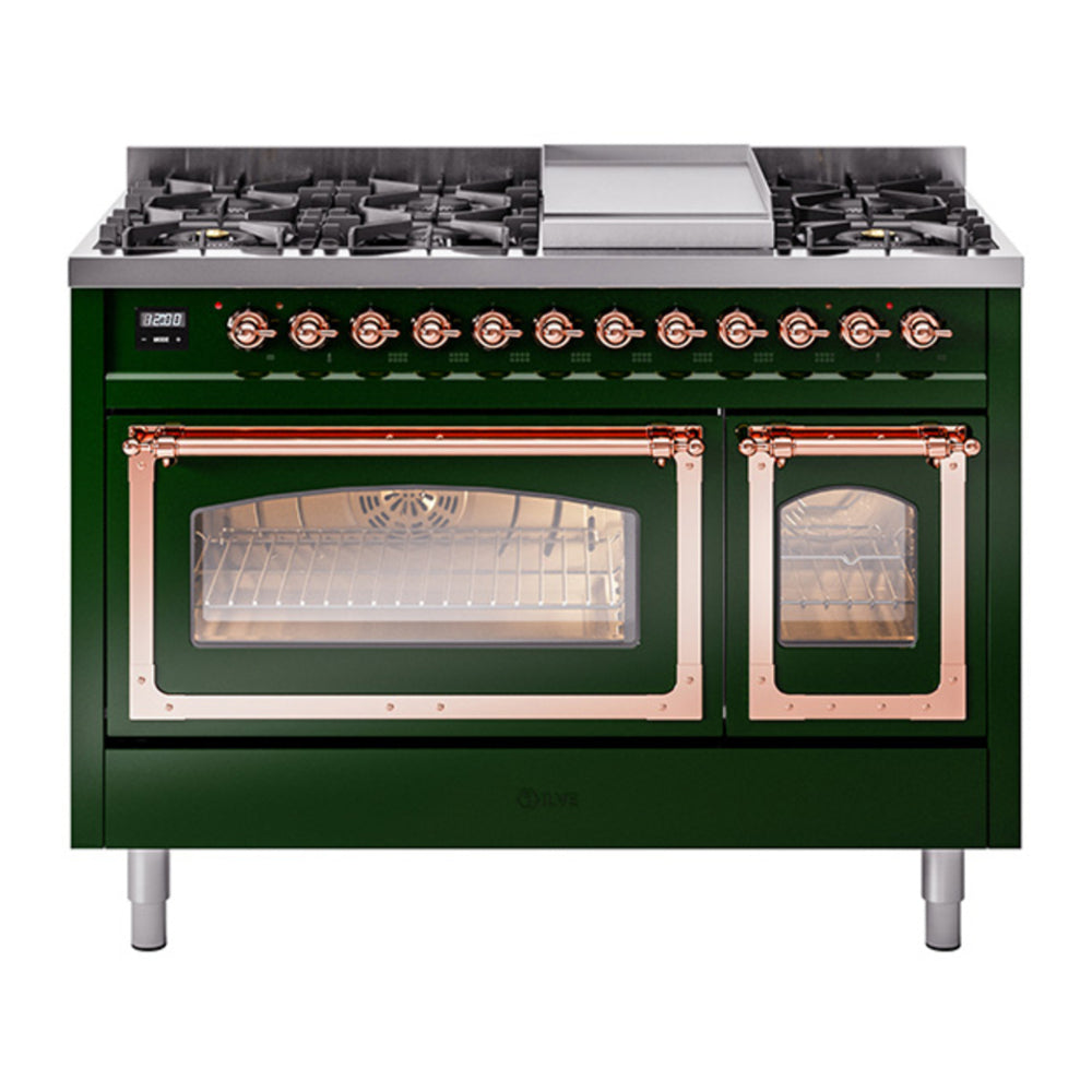 ILVE Nostalgie II Noblesse 48" Emerald Green Dual Fuel Range with 8 Burners and Griddle Triple Glass Door Natural Gas