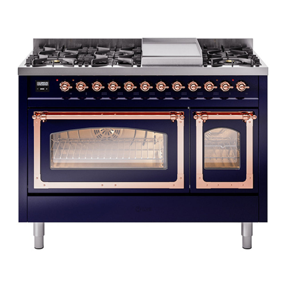ILVE Nostalgie II Noblesse 48" Midnight Blue Dual Fuel Range with 8 Burners and Griddle Triple Glass Door Natural Gas