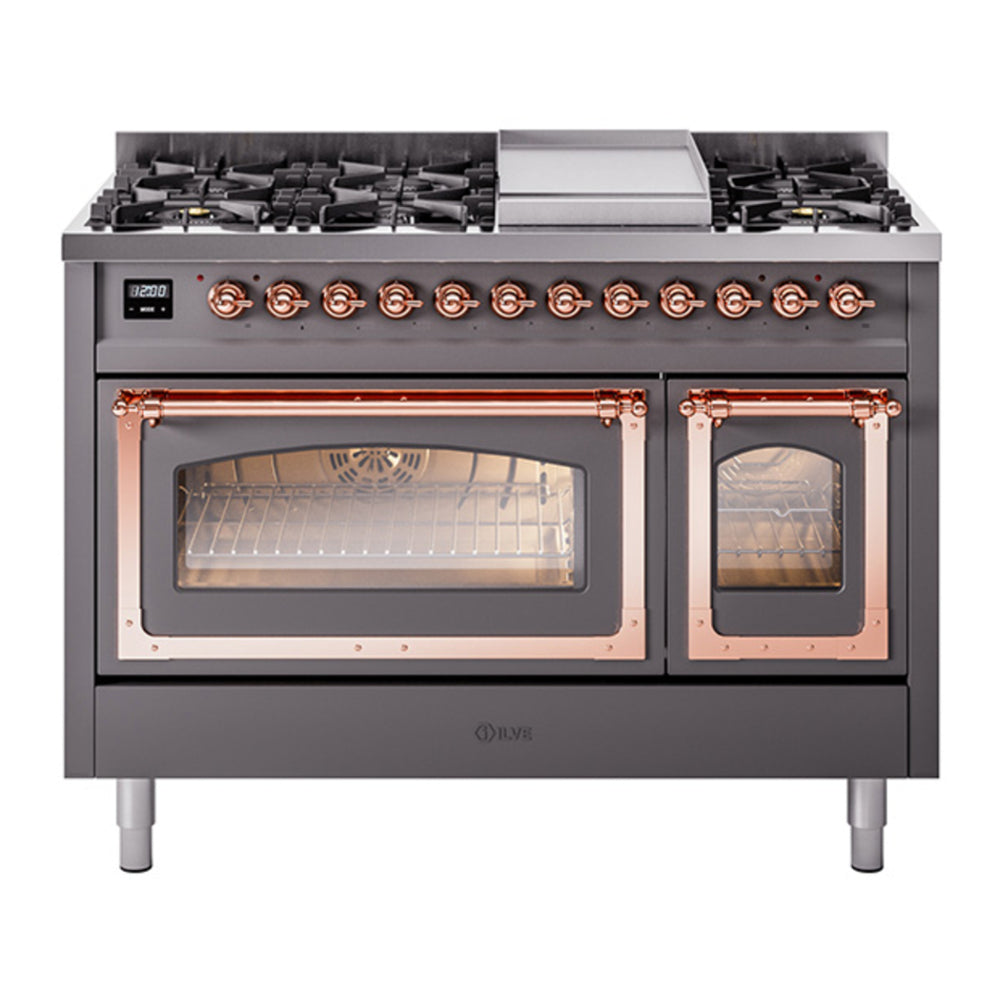 ILVE Nostalgie II Noblesse 48" Graphite Matte Dual Fuel Range with 8 Burners and Griddle Triple Glass Door Natural Gas