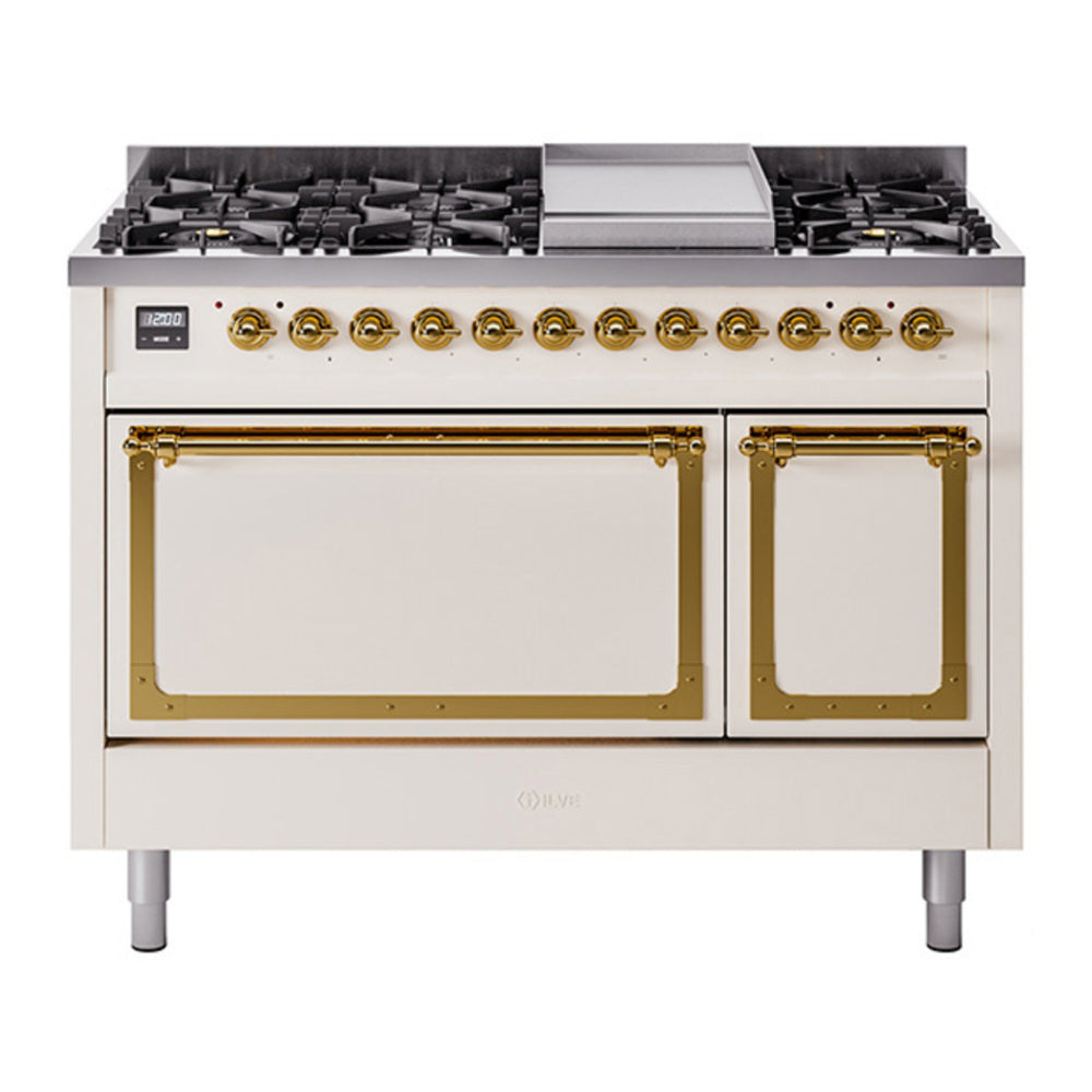 ILVE Nostalgie II Noblesse 48" Antique White Dual Fuel Range with 8 Burners and Griddle Solid Door Natural Gas