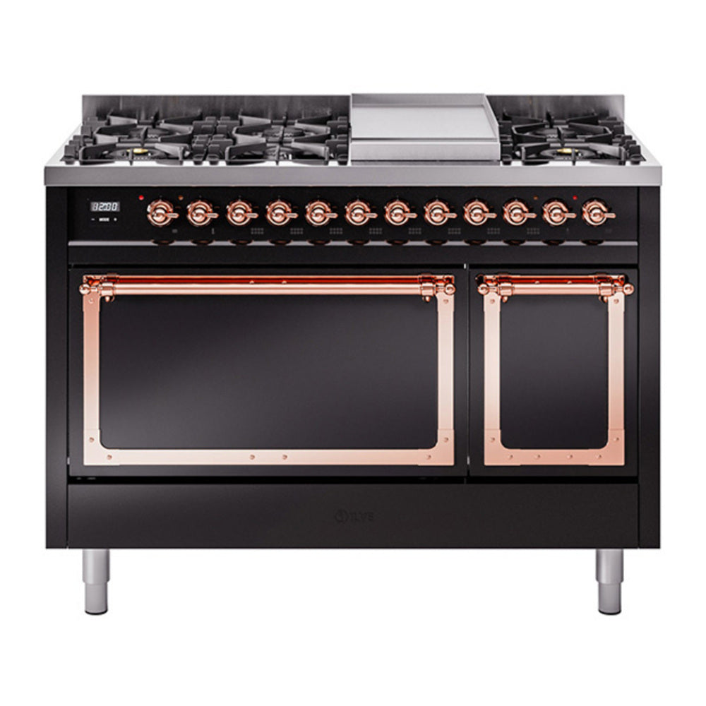 ILVE Nostalgie II Noblesse 48" Glossy Black Dual Fuel Range with 8 Burners and Griddle Solid Door Natural Gas