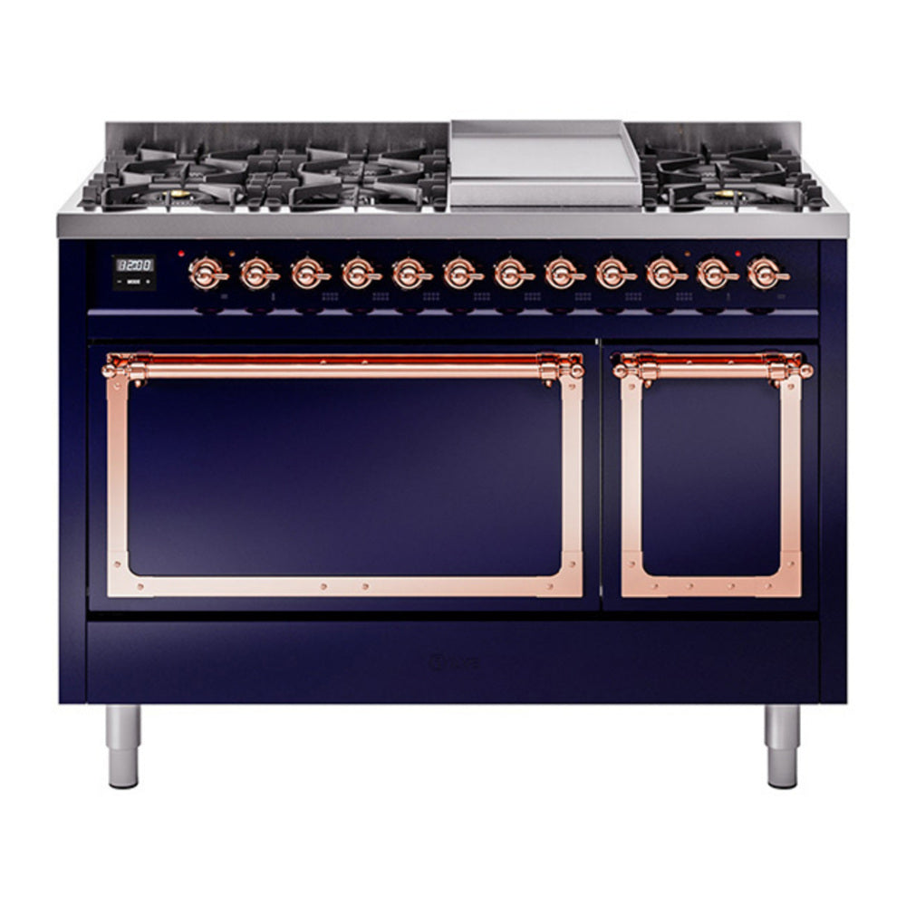 ILVE Nostalgie II Noblesse 48" Midnight Blue Dual Fuel Range with 8 Burners and Griddle Solid Door Natural Gas
