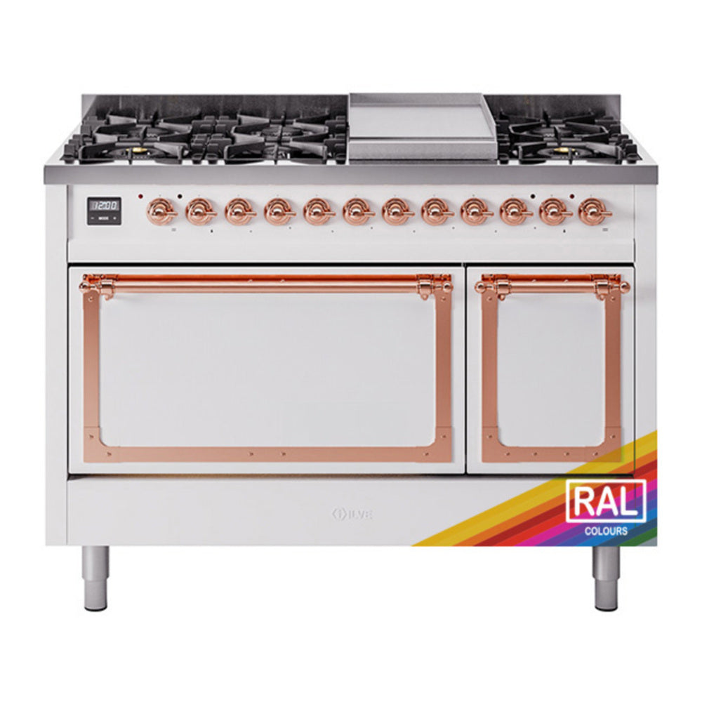 ILVE Nostalgie II Noblesse 48" RAL Dual Fuel Range with 8 Burners and Griddle Solid Door Natural Gas