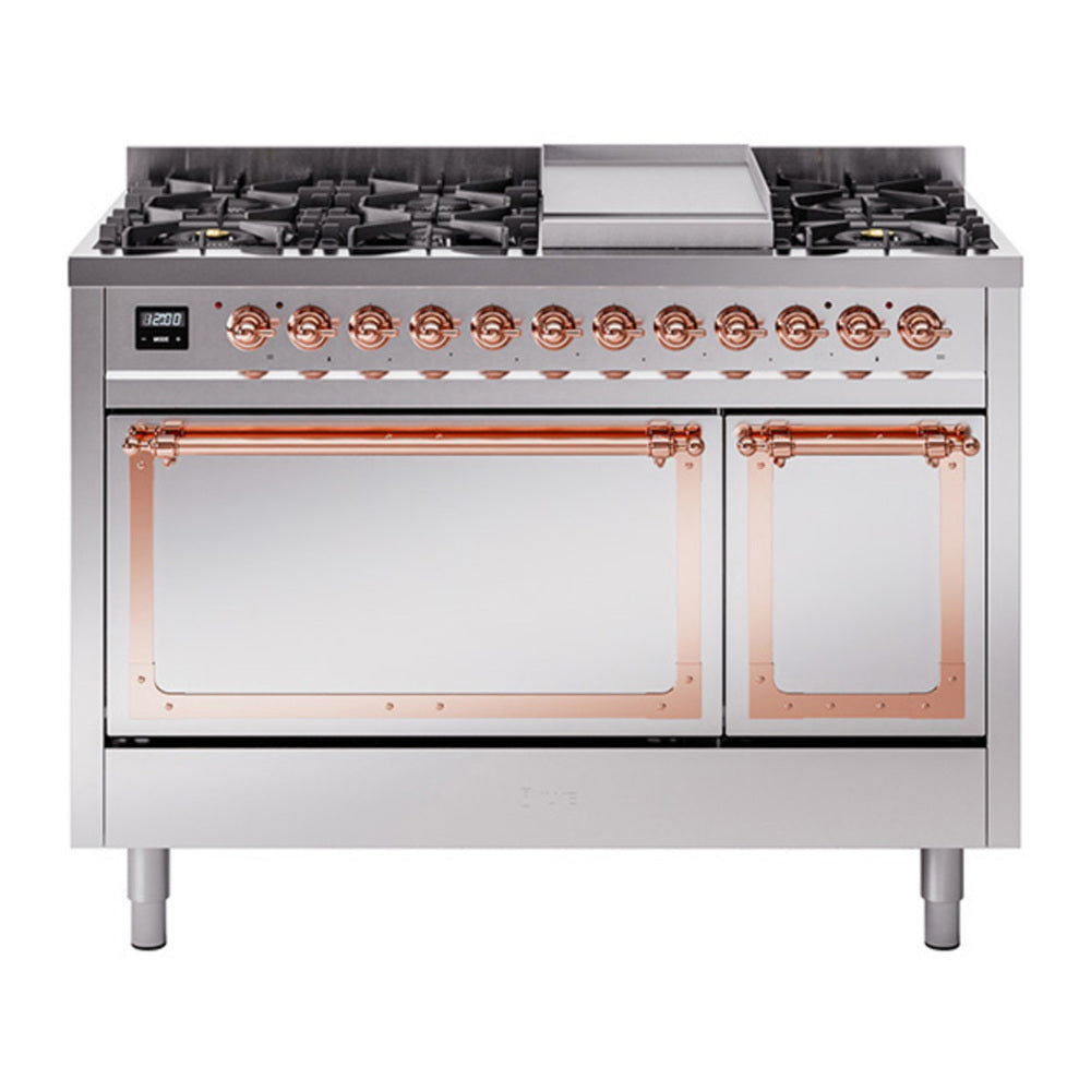 ILVE Nostalgie II Noblesse 48" Stainless Steel Dual Fuel Range with 8 Burners and Griddle Solid Door Natural Gas